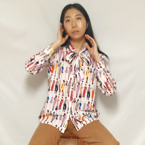One Imaginary Girl Tops - Fashion Sketch Print Pussy Bow Blouse